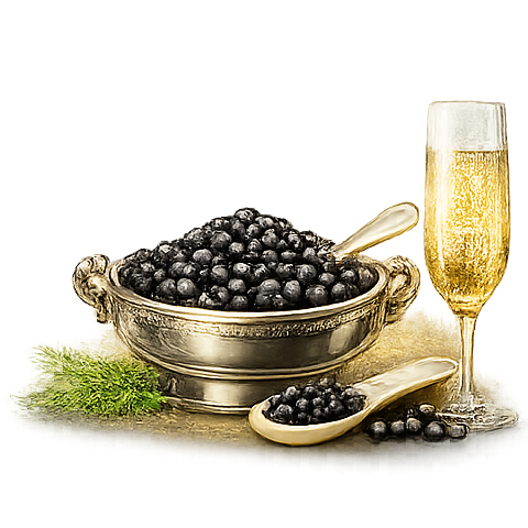 Caviar served in a silver bowl with champagne